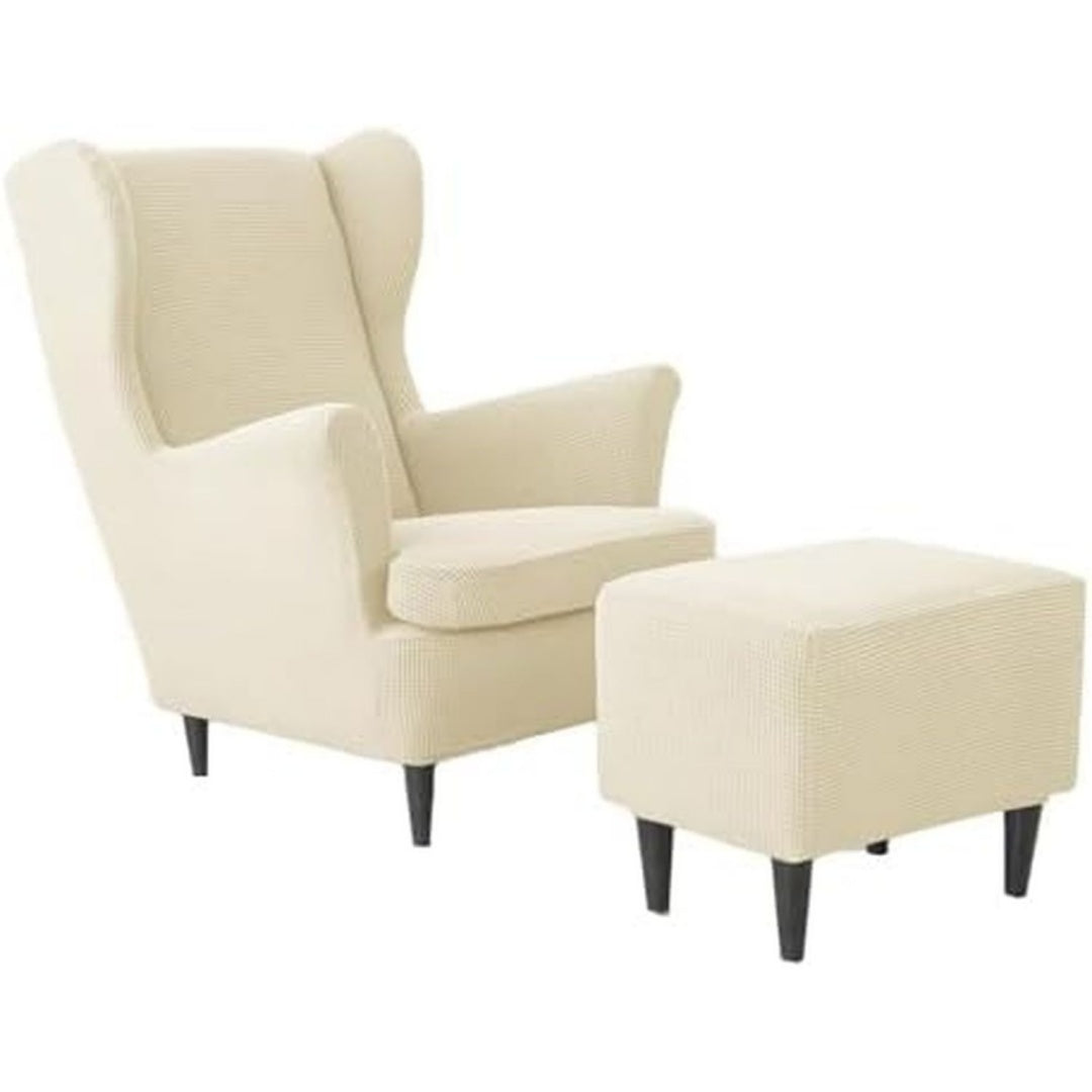 Arredo per soggiorno con poggiapiedi rivestimento in tessuto beige
